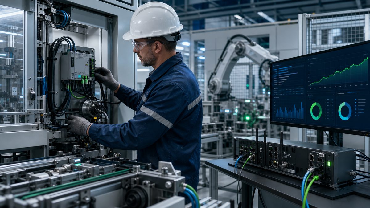 An engineer working on control hardware beside a live production data dashboard