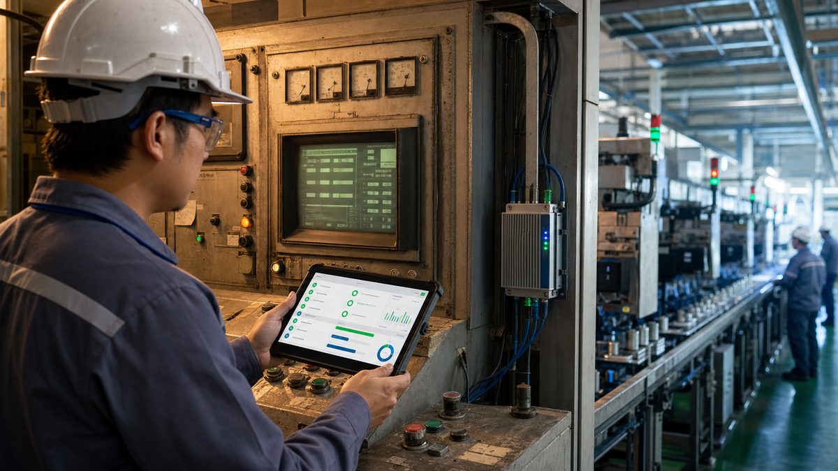 An engineer reading data from legacy machinery on a tablet