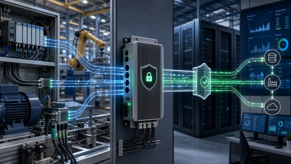 A secure gateway linking factory-floor control cabinets to enterprise IT